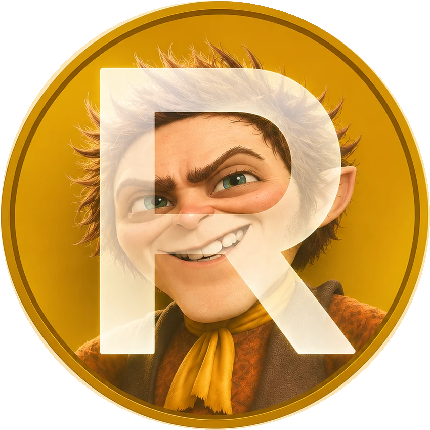RUMPLE: a mischievous fairy-tale character inside a golden coin with a large letter R